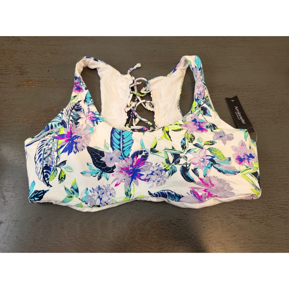 Ambrielle Floral Lace-Up Back Bikini Top White Tropical Swim XL AM0201T